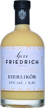 HERR FRIEDRICH EIERLIKÖR
Mit nur wenigen hochwertigen Zutaten wird unser hausgemachter Eierlikör zubereitet: Beste österreichische Freilandeier und Schlagobers aus Tirol stecken in dem süßen Klassiker. Der nachhaltige Alkohol aus Brot von gestern macht den Likör zu einer echten Besonderheit.