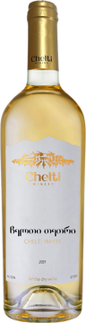 Der trockene Weißwein "Chelti White" ist aus Rkatsiteli und Kakhuri verschiendenen grünen Trauben hergestellt. Der Wein besitzt eine strohfarbe mit Tönen von Zitrus und tropischen früchten.
Er passt sehr gut zu Fisch oder gebratendem Hähnchen.