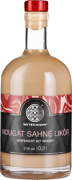 Unser Nougat Sahne Likör vereint feinste Nuancen von Nougat mit cremiger Sahne und einer angenehmen Süße.

Verfeinert mit edelstem Weyermann® Whisky. Enthält 10% Weyermann® Whisky.