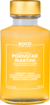Pornstar Martini von BOCO Bottled Cocktails. Auch als on tap Drink an der Nitro Maschine erhältlich.