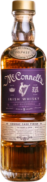 McConnell’s 5 Years Old Cognac Cask Finish (Irland) – Blend aus Malt & Grain, zunächst in First-Fill-Bourbon gereift, danach in ausgewählten Cognacfässern veredelt. Nase: kandierte Zitronenschale, reife Banane, Vanille. Gaumen: Zitronat, blonde Schokolade, getrocknete Ananas; langer Abgang mit Ingwerwürze. 46 % Vol., nicht kühlfiltriert.
