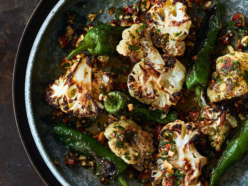 Grilled Cauliflower with Padron Peppers and Salsa Picada