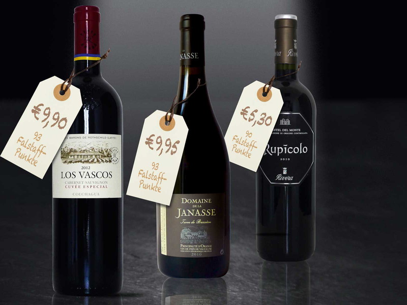 Das Siegerpodest: 2012 Los Vascos Cabernet Sauvignon Cuvée Especial (Platz 1); 2010 »Terre de Bussière« Principauté d’Orange Vin de Pays de Vaucluse (Platz 2) und 2010 Rupicolo Castel del Monte (Platz 3).