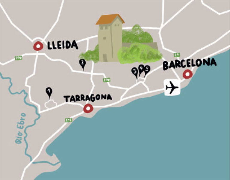 1. Bodegas Torres, Priorat, 2. Castell de Milmanda, 3. Vivero de La 
Bleda, 4. Torres-Besucherzentrum, 5. Carrer de Miquel Torres Carbó 