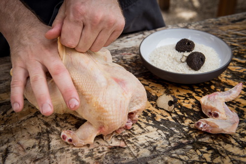 Das Huhn wird unter der Haut mit Trüffelscheiben gespickt,...