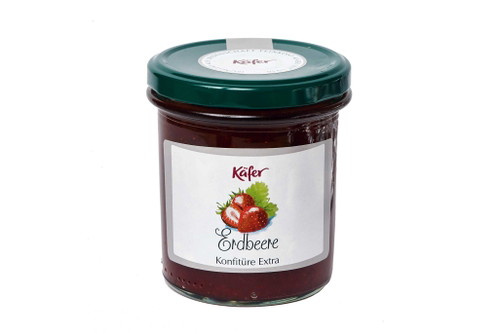 90 PUNTKE, Platz 2: Käfer »Erdbeere Konfitüre Extra«Leicht bräunlich in der Farbe, sieht aus wie hausgemacht. Im Mund deutlich spürbare Fruchtstücke, sehr aromatisch am Gaumen, vermittelt ein intensives Erdbeergefühl. Vielleicht etwas zu viel Säure.Preis: ca. € 15,–/kg, Supermärkte, Lebensmittelabteilung Kaufhaus