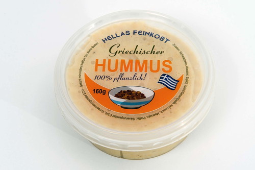 12. Hellas Feinkost - 75 PunkteGriechischer Hummus, Merkur Hoher Markt€ 1,89 für 160 g (€ 11,81/kg)Glänzendes Gelb, inhomogenes Erscheinungsbild; intensiver Knoblauchgeruch; sehr sauer am Gaumen, Specknoten, zu viel Knoblauch, zu wenig Hummus.