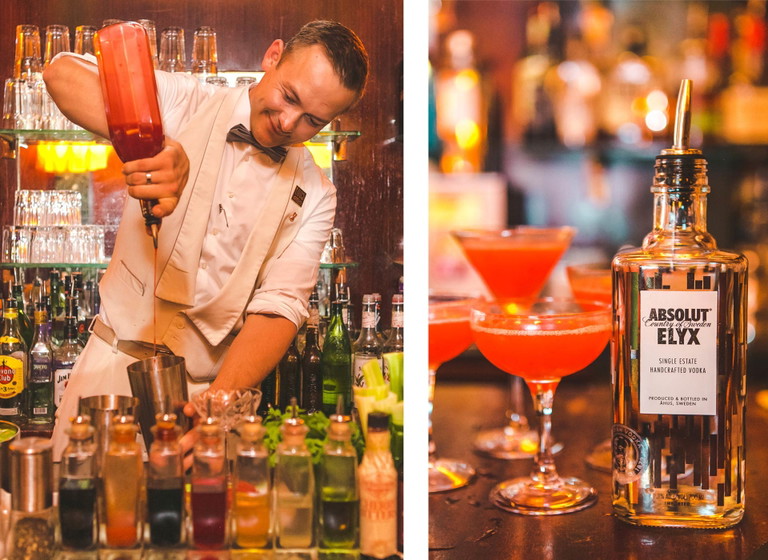 Loos Bar-Barkeeper Thomas in Aktion (l.) und einer der Kalender-Drinks: »Wilde Himbeere« (r.)