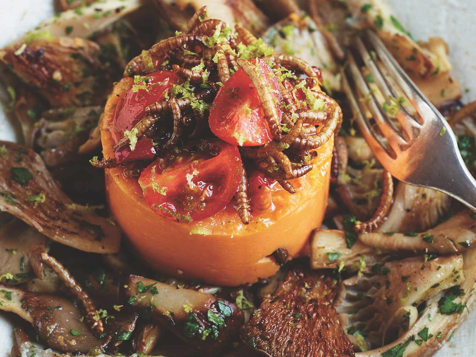 Gesundes Alltagsrezept: Süßkartoffelpüree auf gebratenen Austernseitlingen mit Mehlwurm-Limetten-Vinaigrette