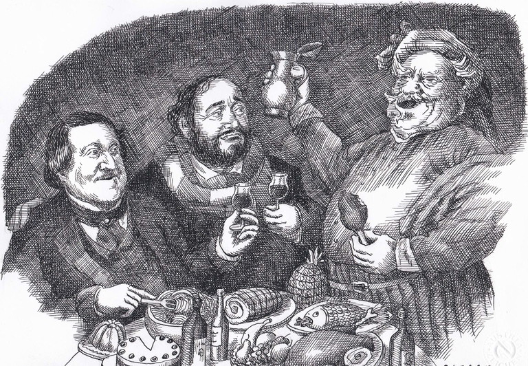 »Rossini, Pavarotti, Falstaff: drei lustvolle Bindeglieder zwischen Oper und Kulinarik.« Federzeichnung von Benedikt Kobel, Tenor an der Wiener Staatsoper und Karikaturist.