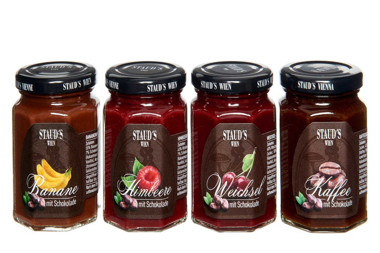 Das innovative Quartett Banane, Himbeere, Weichsel und Kaffee mit Schokolade.