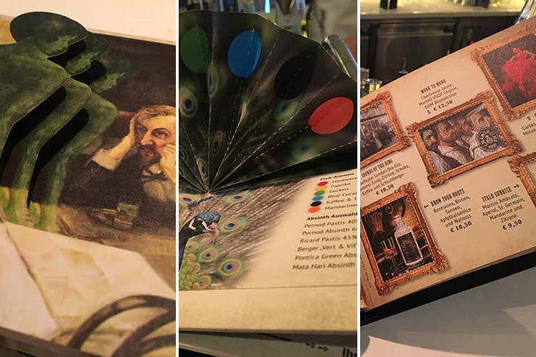Die Barkarte beinhaltet eine »Anleitung« für die »Grüne Stunde«, Geschichten zum Thema Absinth und zahlreiche weitere Cocktails von Kan Zuo.