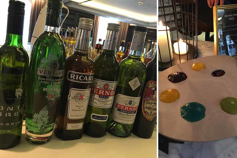 Die Absinth-Auswahl und die Farb- bzw. Geschmackspalette, mit der man seinen persönlichen Drink kreieren kann.