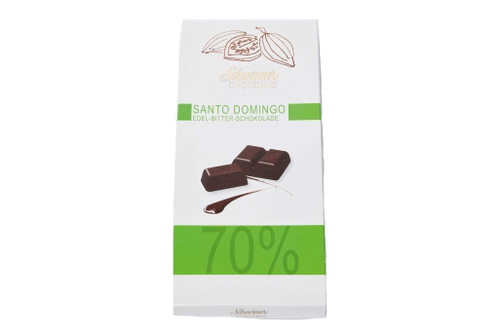 10. Schwermer Chocomio&nbsp;Edel-Bitter-Schokolade&nbsp;Santo Domingo 70 %: 82 Punkte*Tafel ca. € 3,50 für 150 g&nbsp;(Kilopreis: € 23,33)Confiserien, InternetDuftet leicht medizinisch-alkoholisch, im Mund wieder diese alkoholische Note. Schmeckt mehr wie eine Schnapspraline. Kein wirkliches Aroma.