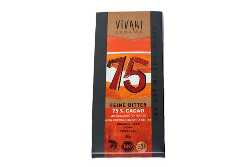4. Vivani Panama Feine Bitter 75 %: 89 Punkte*Tafel ca. € 3,49 für 80 g&nbsp;(Kilopreis: € 43,63)Biosupermarkt, u. a.&nbsp;Alnatura, VollcornerGeringer Fettanteil, schön knackig, im ersten Moment leichtes Nougataroma. Dann deutlich von Säure und Bitterkeit geprägt, leichtes Übergewicht der Säure. Sorgt für ein frisches Mundgefühl, kann auf&nbsp;Dauer aber dominant sein.