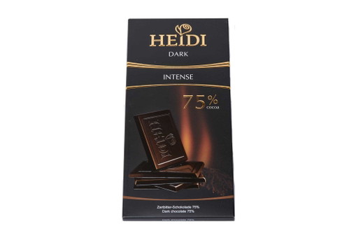 9. Heidi Dark Intense 75 %: 83 Punkte*Tafel ca. € 1,79 für 80 g&nbsp;(Kilopreis: € 22,37 )Galeria KaufhofSchmiertest okay, wenig Fett. Feiner Schokoduft, etwas ätherisch. Je länger man kaut, desto kokosnussartiger wird der Geschmack.&nbsp;