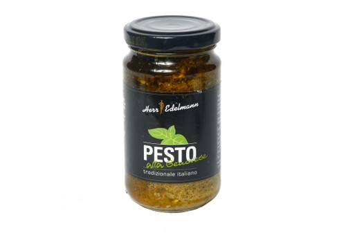 Platz 6, 76 Punkte: Herr Edelmann Pesto alla GenoveseGlas ca. € 1,99 für 190 g (€ 10,47/Kilo) Galeria KaufhofDunkelgrünes Öl läuft aus. Grießelige Konsistenz, matschige Optik. Starke Bitternote, wahrscheinlich vom Olivenöl.