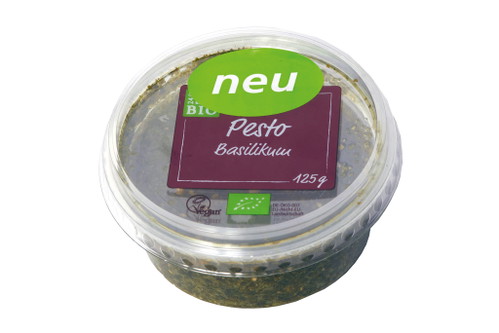 Platz 7, 76 Punkte: Pesto Basilikum frischBecher ca. € 2,19 / 125 g (€ 17,52/Kilo)AlnaturaSchöne dunkelgrüne Farbe, aber zu viel Knoblauch und Säure, Nuss-(Pinien-)Kerne deutlich zu erkennen. Basilikum ist nicht wirklich zu erschmecken. Etwas flacher Gesamteindruck.