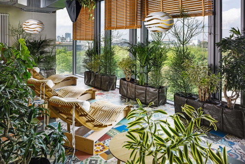 

Großstadtdschungel Vom
Saunaraum des »25hours« hat man einen spektakulären Grünblick über den
Tiergarten von Berlin.

