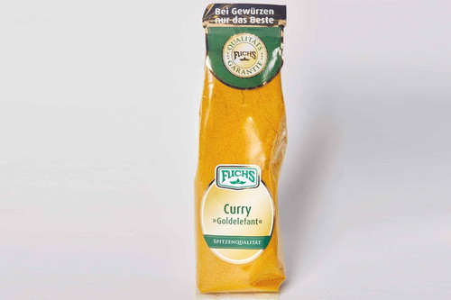 8. Platz, 83 Punkte: Fuchs Curry Goldelefant Tüte, € 3,19 für 90 g (Kilopreis: € 35,44) U. a. EdekaWenig Duft – aber im Mund schön ausgewogen aromatisch, leider nicht sehr anhaltend. Dafür&nbsp;aber eine überraschende Minznote. Frisches Currypulver für Fisch!