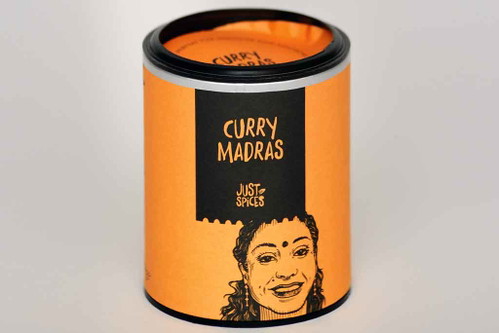2. Platz, 89* Punkte: Just spices Curry Madras€ 4,99 für 59 g (€ 8,46/100 g) U. a. Merkur, IntersparBraune Farbe, etwas gröber gemahlen. Riecht nach Koriander. Schmeckt auch am Gau­men danach, Fenchel, angenehme Pfeffer-schärfe, insgesamt sehr stimmig.