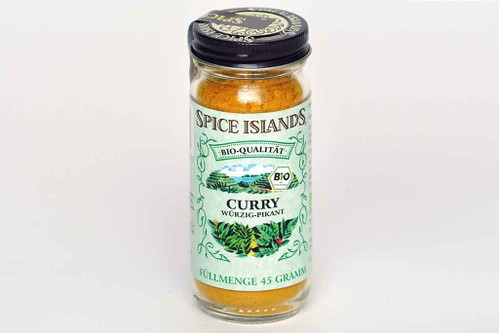 3. Platz, 89* Punkte: Spice Islands Curry würzig-pikant Bio-Qualität€ 4,99 für 45 g (€ 11,09/100 g) U. a. Merkur, Billa, IntersparOckerbraun, fein gemahlen. Riecht süßlich, dezent nach Zimt und Kurkuma. Am Gaumen komplex, etwas Kreuzküm-mel, Koriander, viel Kurkuma, leicht scharf im Nachhall, insgesamt ein rundes Produkt.