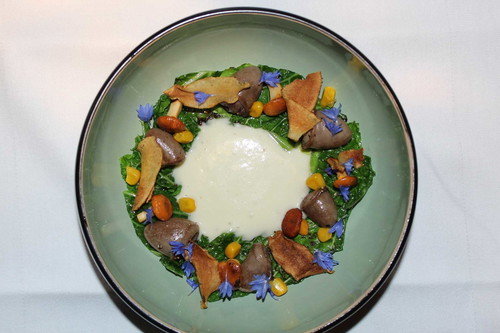 Signature Dish von »Heimatjuwel«: Hühnerherzen | Topinambur | Grünkohl | Pfifferlinge.