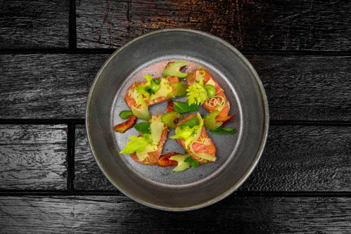 Salmon – Celery, Grapefruit, Spiced Stock.