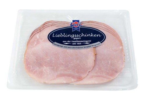 4. Platz, 94* Punkte: Wolf Lieblingsschinken gegart€ 1,20 für 100 g&nbsp;(Kilopreis: € 11,99)&nbsp;U. a. NettoEine schöne Struktur des Fleischs, das sich, obwohl es eher kompakt ist, auf der Zunge nicht unangenehm anfühlt. Der Geschmack ist relativ intensiv mit angenehm würzigen Aromen, die aber nicht zu stark in den Vordergrund treten.
