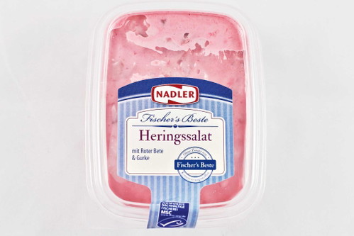 4. Platz, 91 Punkte*: Nadler Heringssalat mit Roter Bete &amp; Gurke&nbsp;€ 1,49 für 200 g (Kilopreis: € 7,50)&nbsp;U. a. ReweOptik und Geruch sind sehr angenehm. Die Konsistenz der kleinen Fischstücke ist in Ordnung, allerdings ist der Fischanteil insgesamt gering. Die Säure der Sauce ist recht deutlich zu schmecken.
