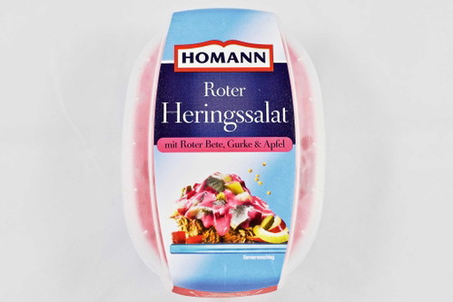 5. Platz, 90 Punkte*: Homann Roter Heringssalat mit Roter Bete, Gurke &amp; Apfel€ 1,89 für 200 g (Kilopreis: € 9,45)&nbsp;U. a. ReweSchöne, aber zu intensive Optik. Zwischen vielen verschiedenen Zutaten muss man die kleinen Fischstücke suchen. Die Masse ist recht kompakt, der Geschmack aber dennoch harmonisch.