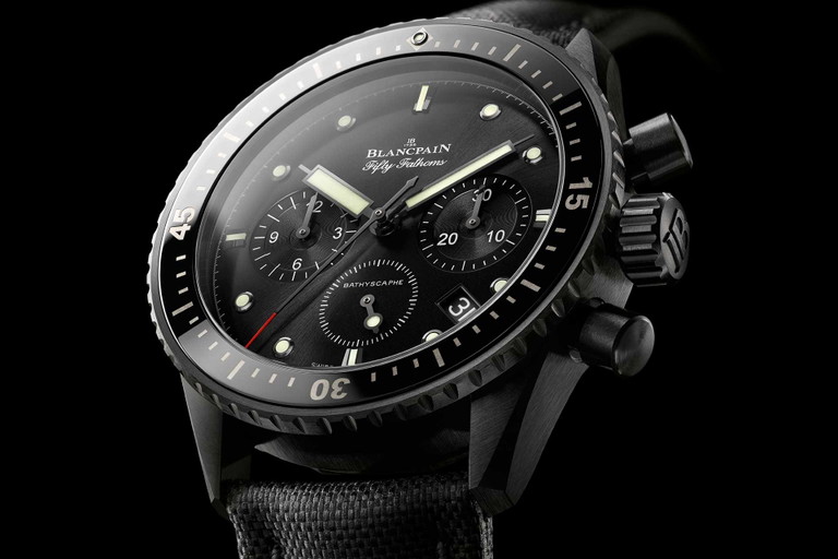 Blancpain Fifty Fathoms Bathyscaphe ChronografDie kleine Schwester der «Fifty Fathoms» nennt sich «Fifty Fathoms Bathyscaphe». Hier die Ausführung als Chronograf.