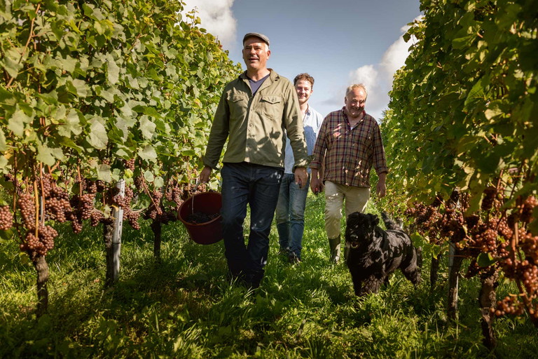 Manfred, Johannes und Robert Aufricht (v. l. n. r.) mit Familienhund.