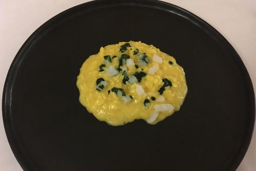 Der 5. Gang: Risotto mit iranischem Safran, schwarzem Kabeljau und Plankton, dazu ein 2016 Grüner Veltliner Schreckenberg.