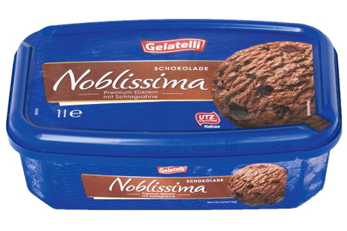 2. Platz, 90 Punkte: GELATELLi NOBLISSIMA Schokolade mit 5 % Schokoladesplittern€ 1,49 für 1000 ml LidlMatte, hellbraune Farbe mit Schokostückchen und einem leichten Geruch nach Vanille und Röstaromen. Sehr luftige Konsistenz mit einem gut ausbalancierten, intensiven Schokoladengeschmack am Gaumen.