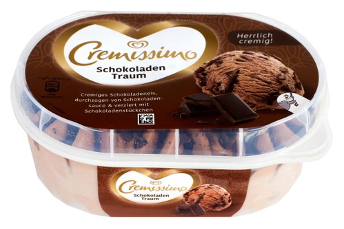 4. Platz, 93 Punkte: Cremissimo, Schokoladentraum Cremiges Schokoladeneis, durchzogen von Schokoladensauce und verziert mit Schokostückchen € 3,29 für 900 ml (1000 ml: € 3,66) U. a. ReweEtwas blasse Farbe, doch schön luftige, mousseartige Konsistenz, was für einige Tester allerdings »zu wenig Eis-Geschmack« war. Nicht zu süß, zarter Schokogeschmack. Fazit: ein gefälliges Eis.