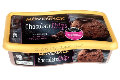 7. Platz, 91* Punkte: Mövenpick Chocolate Chips mit knackigen Schokostücken€ 1,99 für 900 ml (1000 ml € 2,22) U. a. LidlSchöne, dunkle Schokofarbe mit Stückchen. Wasserkristalle sichtbar, dadurch leidet der Schmelz im Mund. Guter Schokogeschmack, die Konsistenz von diesem Eis erinnert sehr an eine Mousse&nbsp; –&nbsp; was manche, aber nicht alle, mögen.