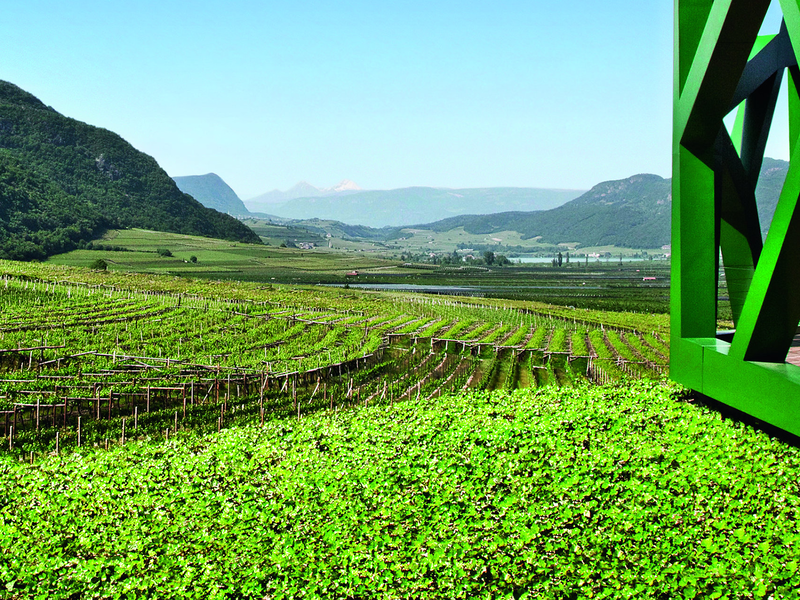 Die Kellerei Tramin mit Blick auf den Kalterer See.
