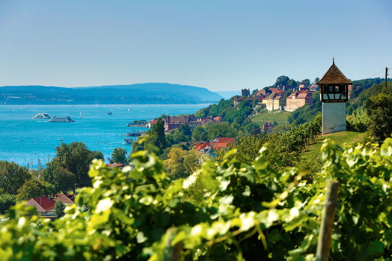 Urlaubsstimmung in Reinkultur: Blick auf Meersburg mit Weinbergen, Schloss und See.