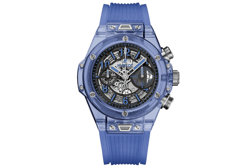 Hublot «Big Bang Unico Sapphire»: Blaues, 45 mm Saphirgehäuse, wassereicht bis zu 50 Meter. Motor ist das Hublot-eigene Chronografenkaliber HUB 1242 «Unico». Limitiert auf 250 Stück. Preis: rund 97'000 CHF.