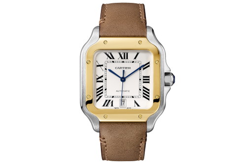 Cartier «Santos de Cartier»: Das grosse Modell. Gehäusebreite: 39,8 mm. Höhe: 9,08 mm. Die Preise starten bei 6550 Euro für die Stahlversion.
