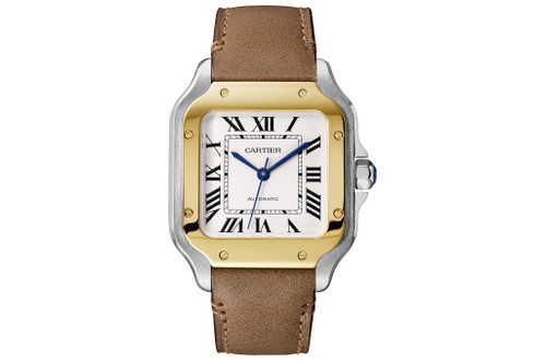 Cartier «Santos de Cartier»: Das mittelgrosse Modell. Gehäusebreite: 35,1 mm. Höhe: 8,83 mm. Die Preise starten bei 5950 Euro für die Stahlversion.