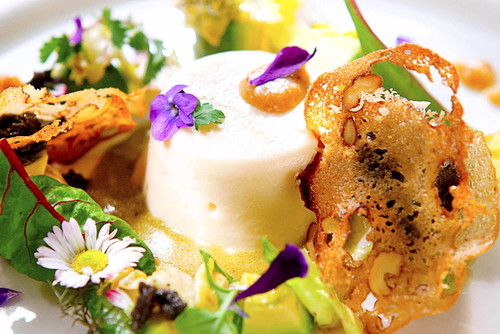 Veg. Alternative: Tatar von Avocado und Limetten, Karfiolflan in Pfeffercreme mit Endiviensalat und Walnussöl