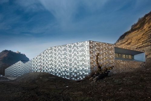 Das Gebäude ist bis auf die grosse Glasfassade mit Edelstahlschuppen bedeckt.