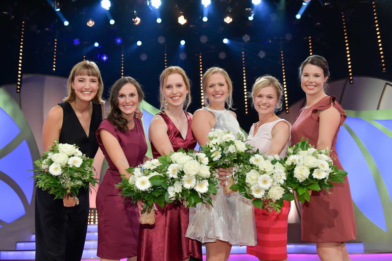 Die Finalistinnen 2018 (v.r.n.l.): Pauline Baumberger (Nahe), Inga Storck (Pfalz), Klara Zehnder (Franken), Tatjana Schmidt (Rheingau), Carolin Klöckner (Württemberg) und Franziska Aatz (Baden).