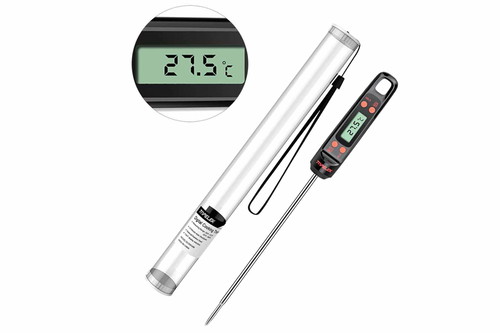Topolek-Roasting-Thermometer: Ein großes ­Display, wenige Knöpfe, eine einfache Bedienung, ein beweglicher Temperaturmesser, ein sehr günstiger Preis – mehr braucht der Hobbykoch nicht.