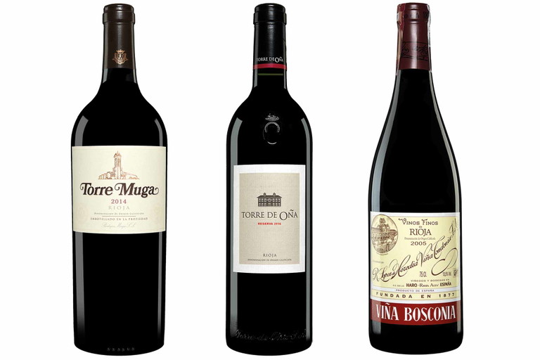 Die Sieger der Rioja-Trophy (v.l.n.r.): 2. Platz: Bodegas Muga, Torre Muga 2014 | 1. Platz: Bodega Torre de Oña, Martelo Reserva 2014 | 3. Platz: Bodegas Lopéz de Heredia Viña Tondonia, Viña Bosconia Tinto 2005