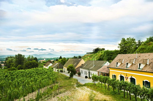 Eine typische Kellergasse in Rohrendorf, das berühmte Barockstift Göttweig thront auf der rechten Donauseite.