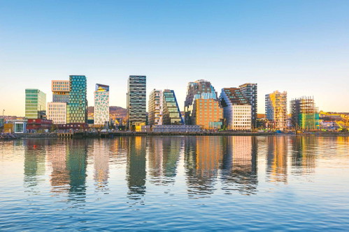 Die zwölf modernen Hochhäuser in Bjørvika sollen an einen Strichcode erinnern: Im früheren Hafenviertel arbeiten heute insbesondere Banker.
