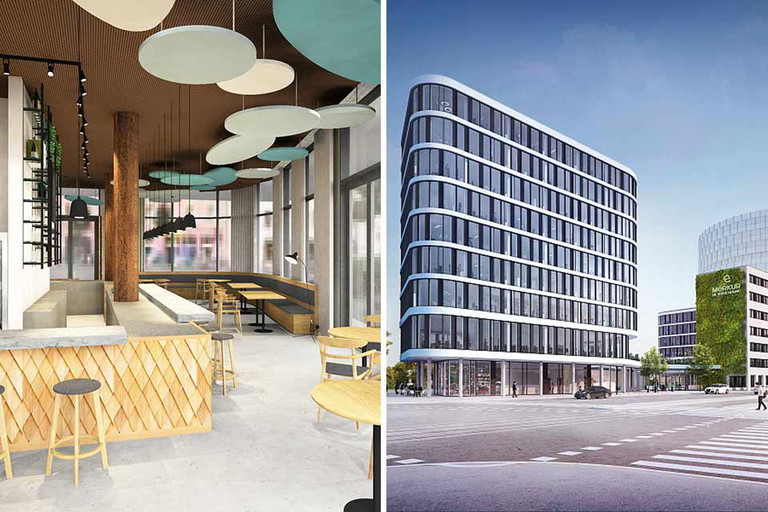 Renderings des Lokals und der Gebäude.